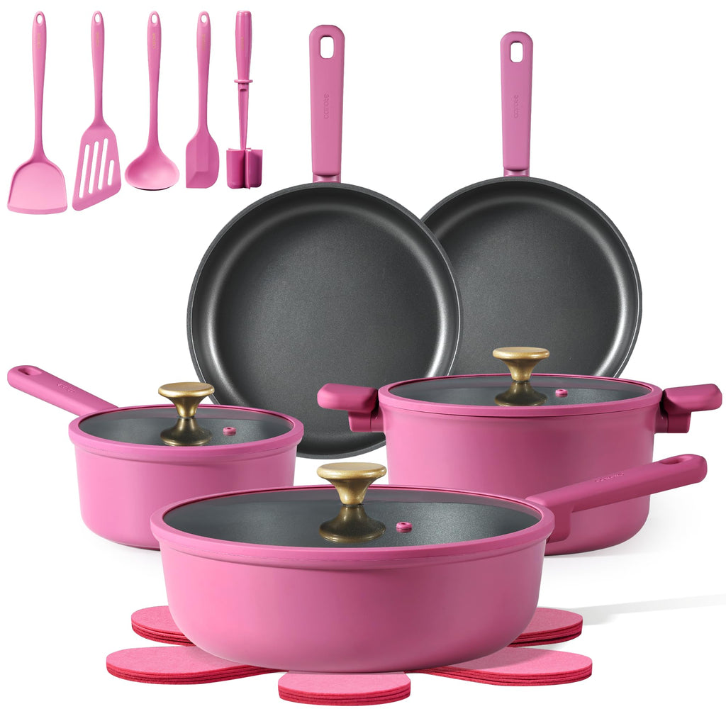 CAROTE 24pcs Ceramic Cookware Set, Pots and Pans Non Stick Kitchen Cookware Sets, Pots and Pans Set Cooking Set with Knife Set