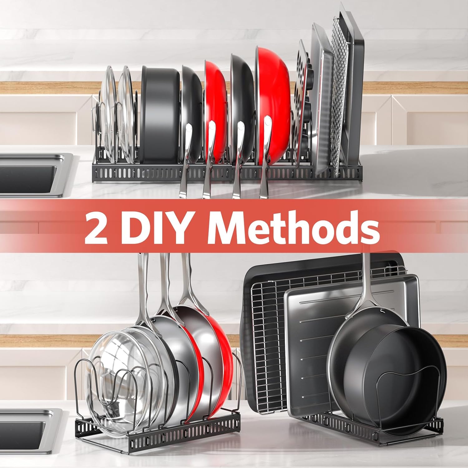 ORDORA Pots and Pans Organizer Expandable 11.8"-22.8" & Extendable Large Dish Drying Rack for Kitchen Counter, 13.4"-28.7" L x 11.8" W