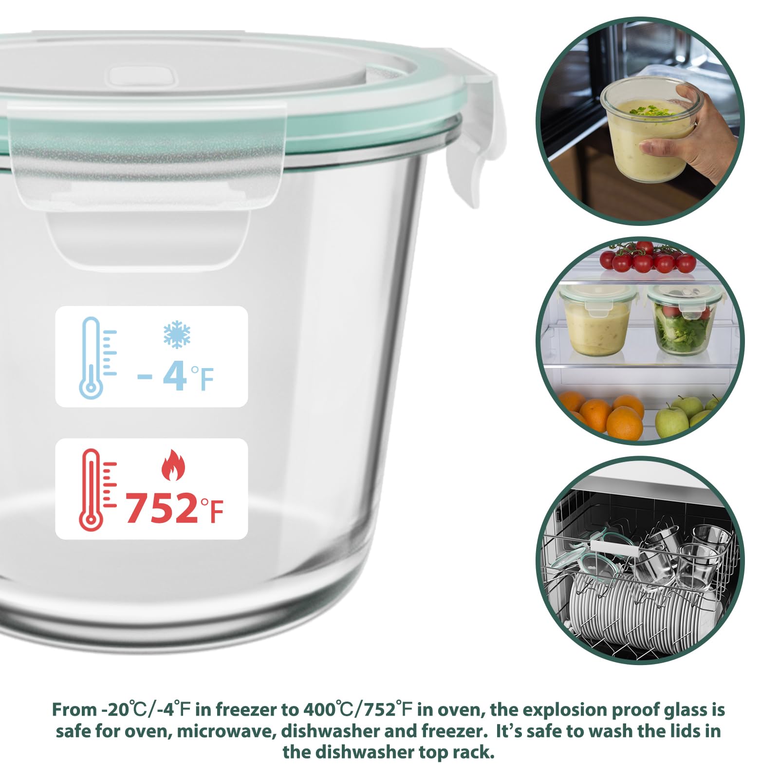 16oz Glass Meal Prep Containers, Airtight 2 Cup Glass Storage Containers with Lids, Heat-Resistant BPA-Free Borosilicate Glass Soup Container for Leftover, Microwave, Dishwasher&Freezer Safe (4 Packs)