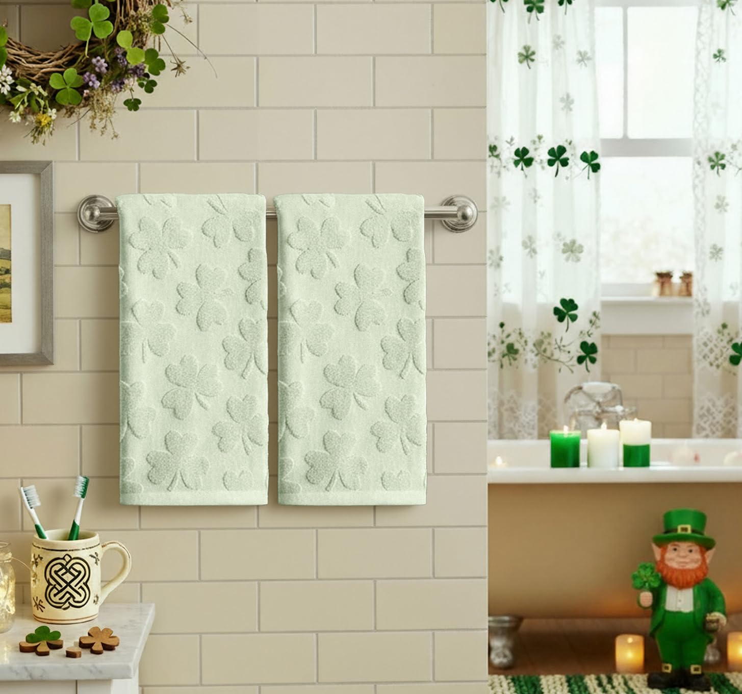 Artoid Mode 2 Pcs Dark Green 3D Shamrock Jacquard Patrick Hand Towels for Bathroom, 100% Cotton Soft Absorbent Bathroom Decor Towels, 13.7 x 29.5 Inch