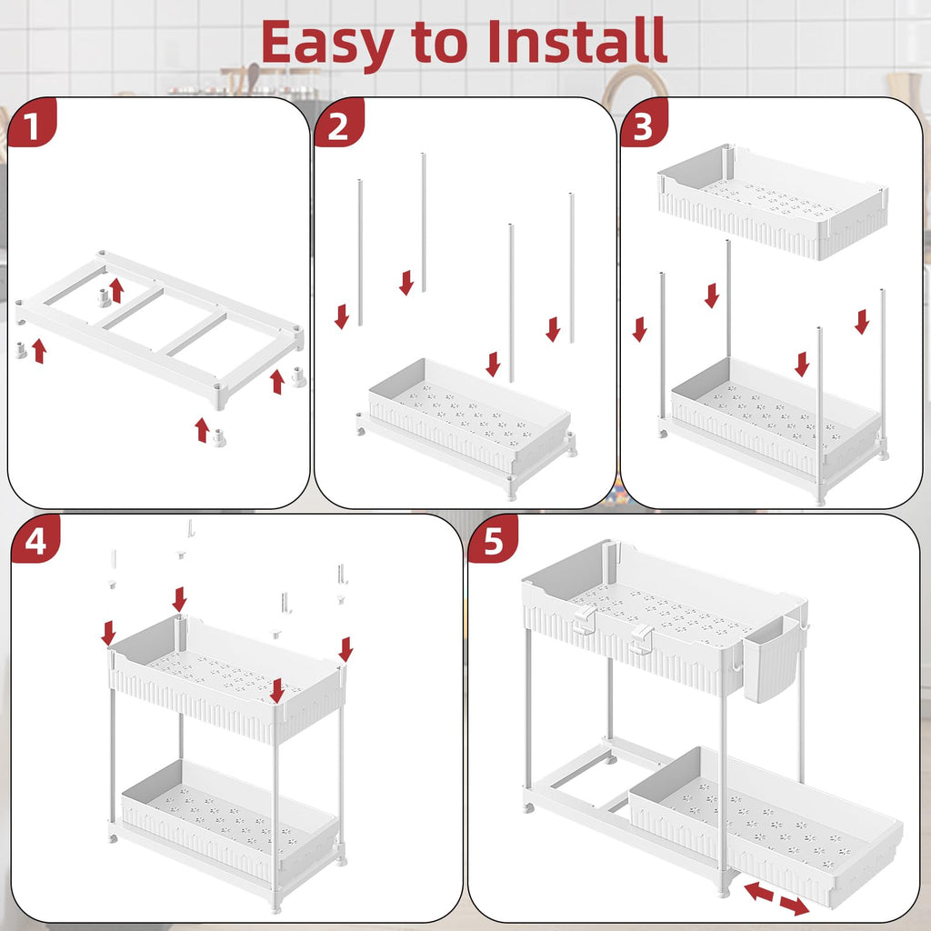 4 Pack Under Sink Organizer, Bathroom Organizers and Storage, 2 Tier Multi-Use Pull Out Cabinet Organizer with Hang Hooks and Cups (Black, 4 Pack)