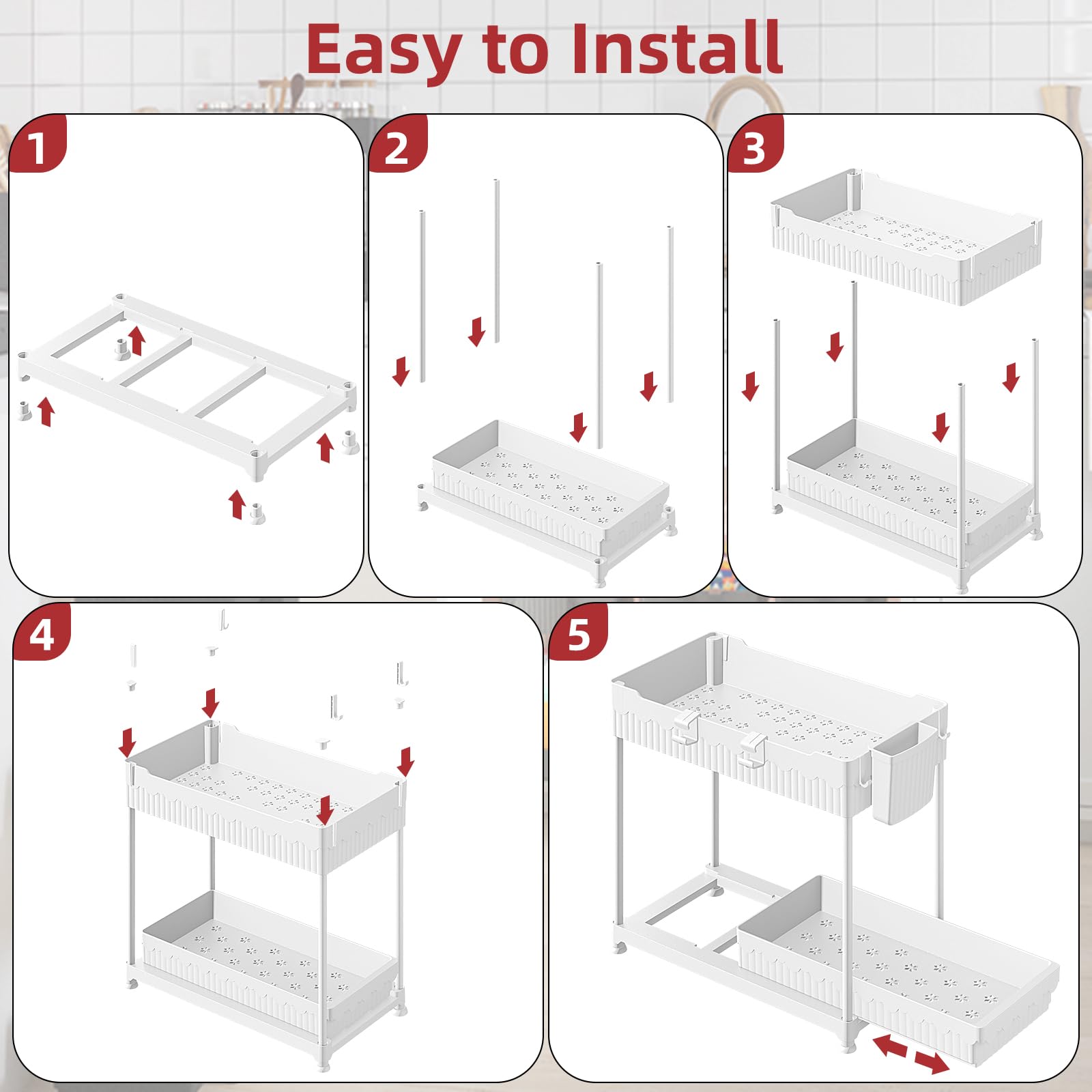 4 Pack Under Sink Organizer, Bathroom Organizers and Storage, 2 Tier Multi-Use Pull Out Cabinet Organizer with Hang Hooks and Cups (Black, 4 Pack)