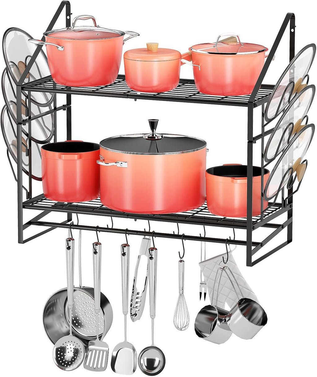 ORDORA Pots and Pans Organizer for Cabinet 16.61 Height, 28-Inch Pot Rack Wall Mounted, 2-Tier Pots and Pans Hanger with 12 Hooks