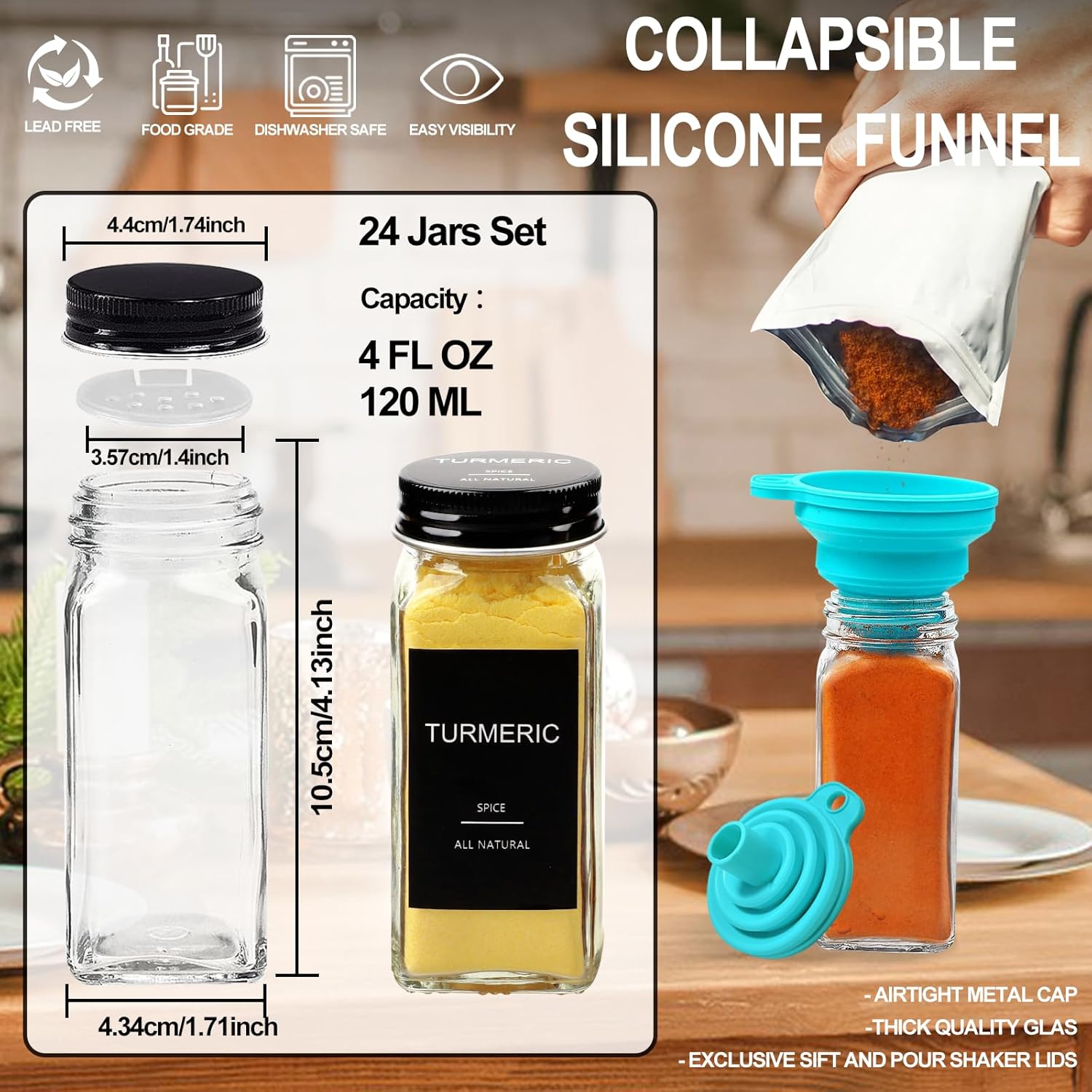 AISIPRIN 24 Pcs Glass Spice Jars with 398 Labels, 4oz Empty Square Spice Containers Seasoning Bottles - Shaker Lids, Funnel, Brush and Marker Included(Black Metal Caps)