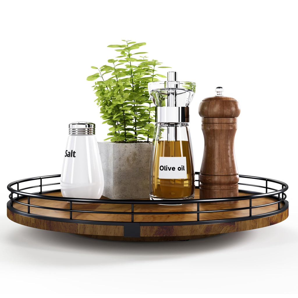 Farmhouse Oak 9" Lazy Susan Turntable Organizer for Cabinet, Round Wooden Lazy Susan Organization and Storage for Dining Table, Pantry, Kitchen, Countertop, Cupboard,Home Decor, Walnut Wood