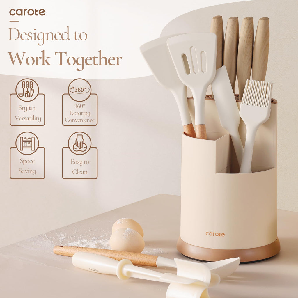 CAROTE Silicone Cooking Utensils Set for Nonstick Cookware, 446°F Heat Resistant Kitchen Utensil Set with Wooden Handle 10pcs, Spatula, Turner, Spoon, Tongs, Whisk
