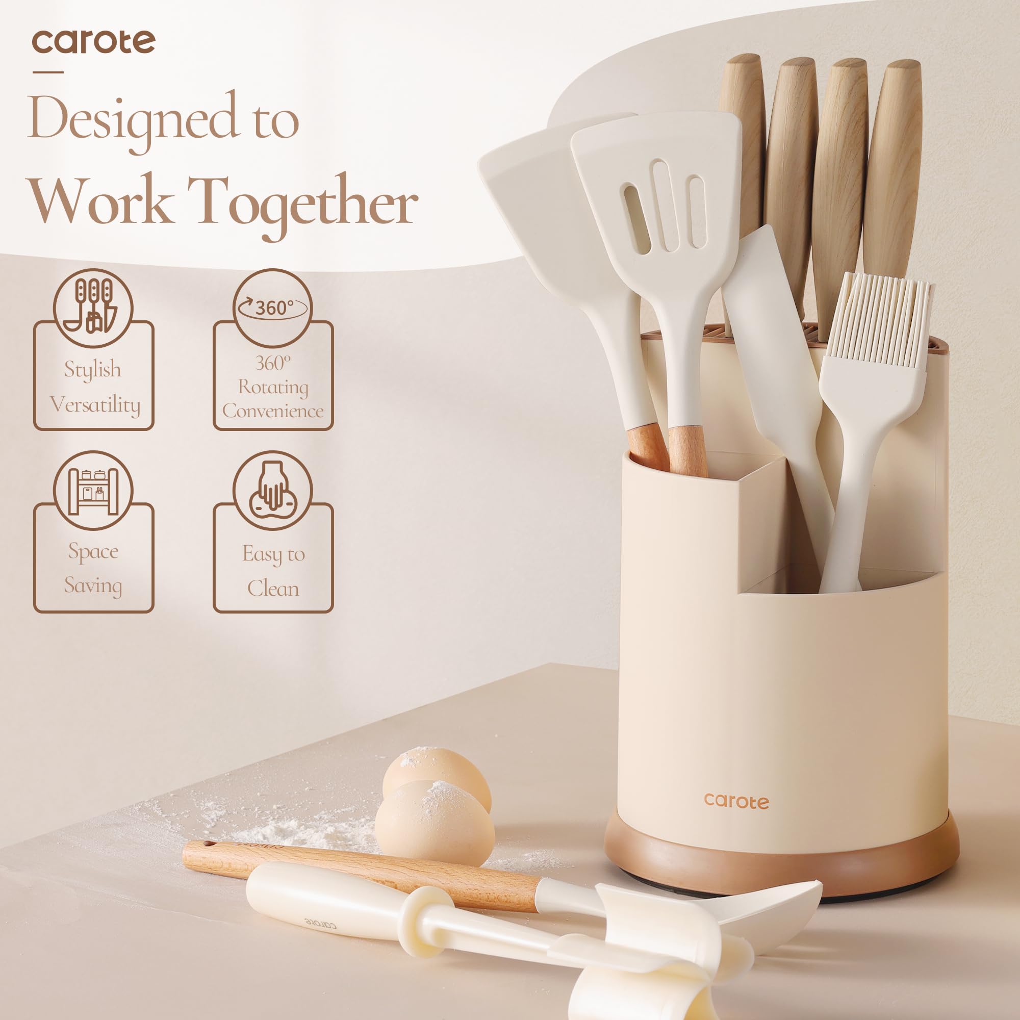 CAROTE Silicone Cooking Utensils Set for Nonstick Cookware, 446°F Heat Resistant Kitchen Utensil Set with Wooden Handle 10pcs, Spatula, Turner, Spoon, Tongs, Whisk