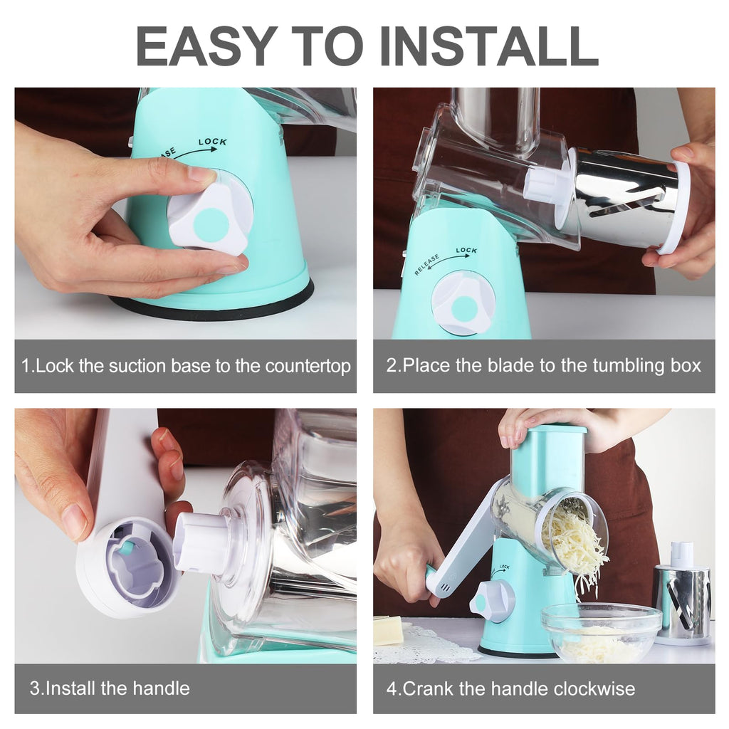 Cambom 5 in 1 Rotary Cheese Grater Hand Crank Cheese Shredder for Fresh Cheese, Vegetable, Nuts,Non-slip Suction Base, Black