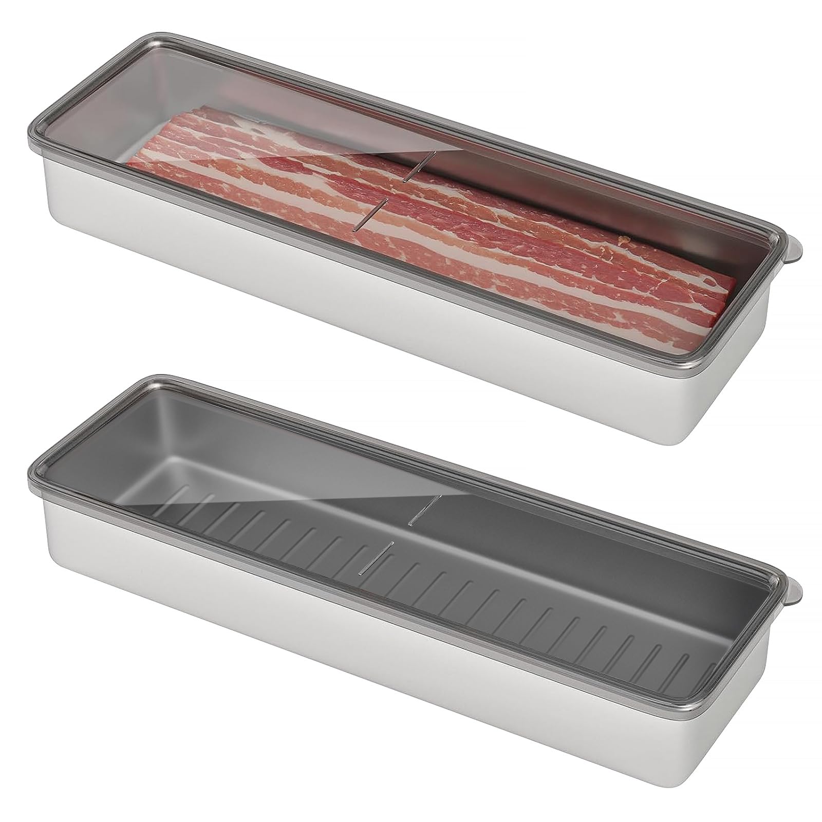 Freshmage Bacon Container for Refrigerator, 1 Pack 304 Stainless Steel Airtight Deli Meat Storage Container for Fridge Dishwasher Safe Long Kitchen Food Storage Containers with Lids with Elevated Base