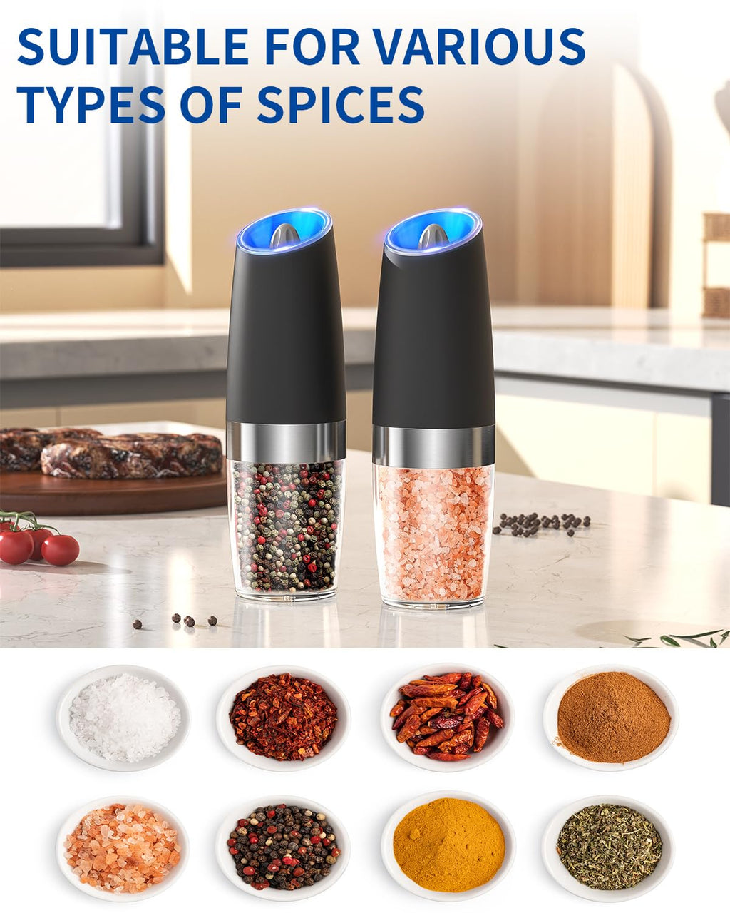 CIRCLE JOY Rechargeable Salt and Pepper Grinder Set Gravity Electric Salt and Pepper Grinder Set, LED Light, Adjustable Coarseness, for Home Kitchen BBQ, Black & White