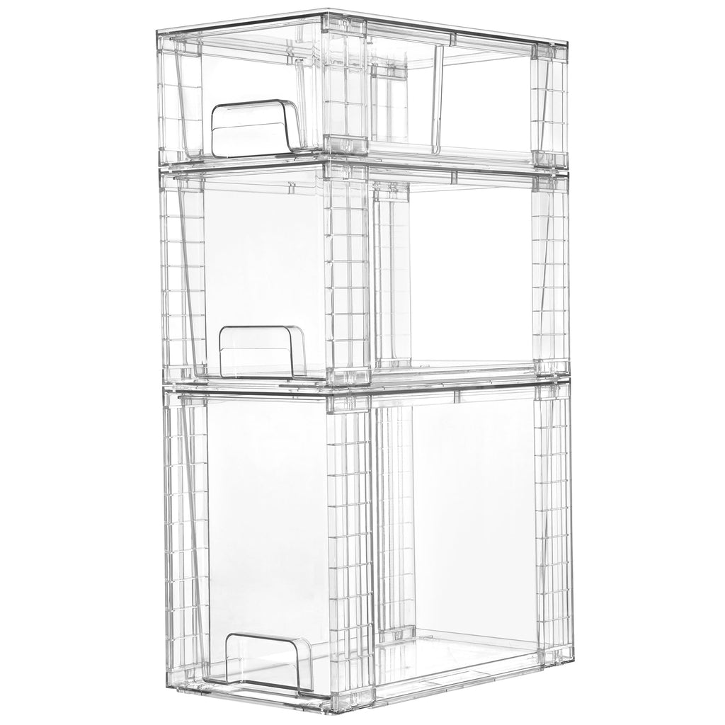 Vtopmart 3 Pack Stackable Storage Drawers, Easily Assemble Acrylic Bathroom Undersink Organizers,Clear Plastic Storage Bins for Closet,Cabinet,Pantry,Medicine Organization