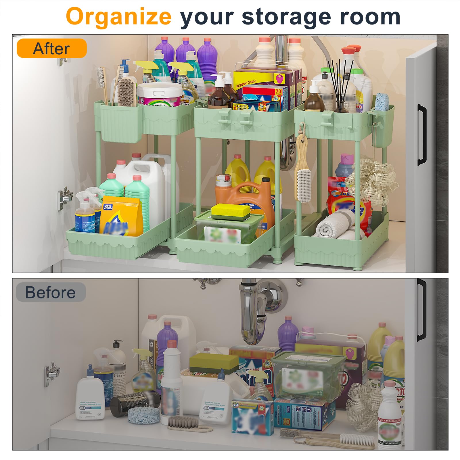 3 Pack Under Sink Organizers, 2-Tier Multi-Use Kitchen and Bathroom Organizers and Storage with Sliding Drawers，Bathroom Cabinet Organizer (Black, 12.8 Inch)