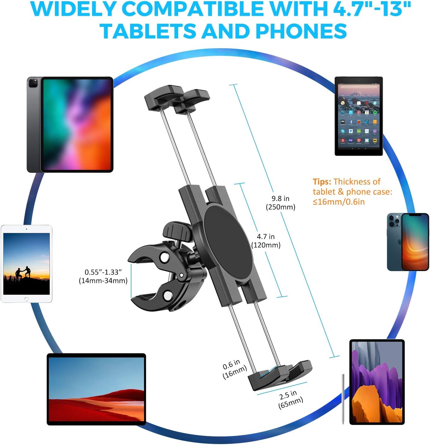KDD Spin Bike Tablet Holder Mount, Phone iPad Holder Stand Exercise Bike Handlebar Mount for Stationary Bicycle, Treadmill, Microphone Stand, Fit for iPad Pro 12.9, Galaxy Tabs, iPhone(4.7-13”)