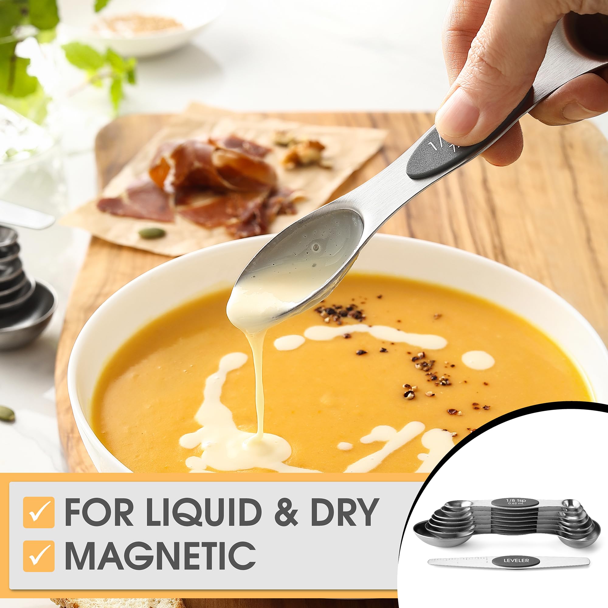 Spring Chef Stainless Steel Magnetic Measuring Spoons Set with Strong N45 Magnets, Heavy Duty Metal Kitchen Gadgets for Baking & Cooking, Fits in Most Kitchen Spice Jars, Set of 8 with Leveler, Black