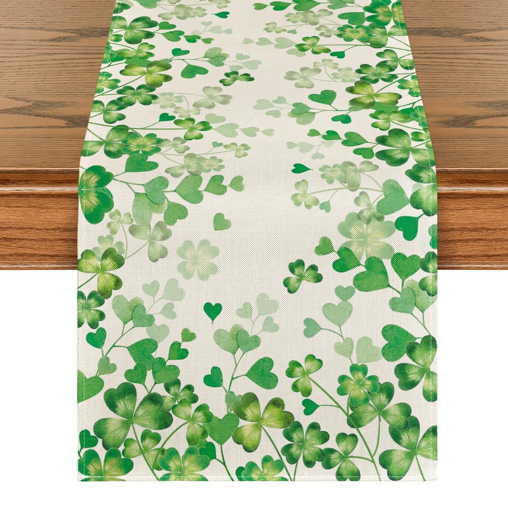 Artoid Mode Shamrock Love Heart 210 GSM St. Patrick's Day Table Runner, Seasonal Spring Kitchen Dining Table Decoration for Home Party Decor 13x72 Inch