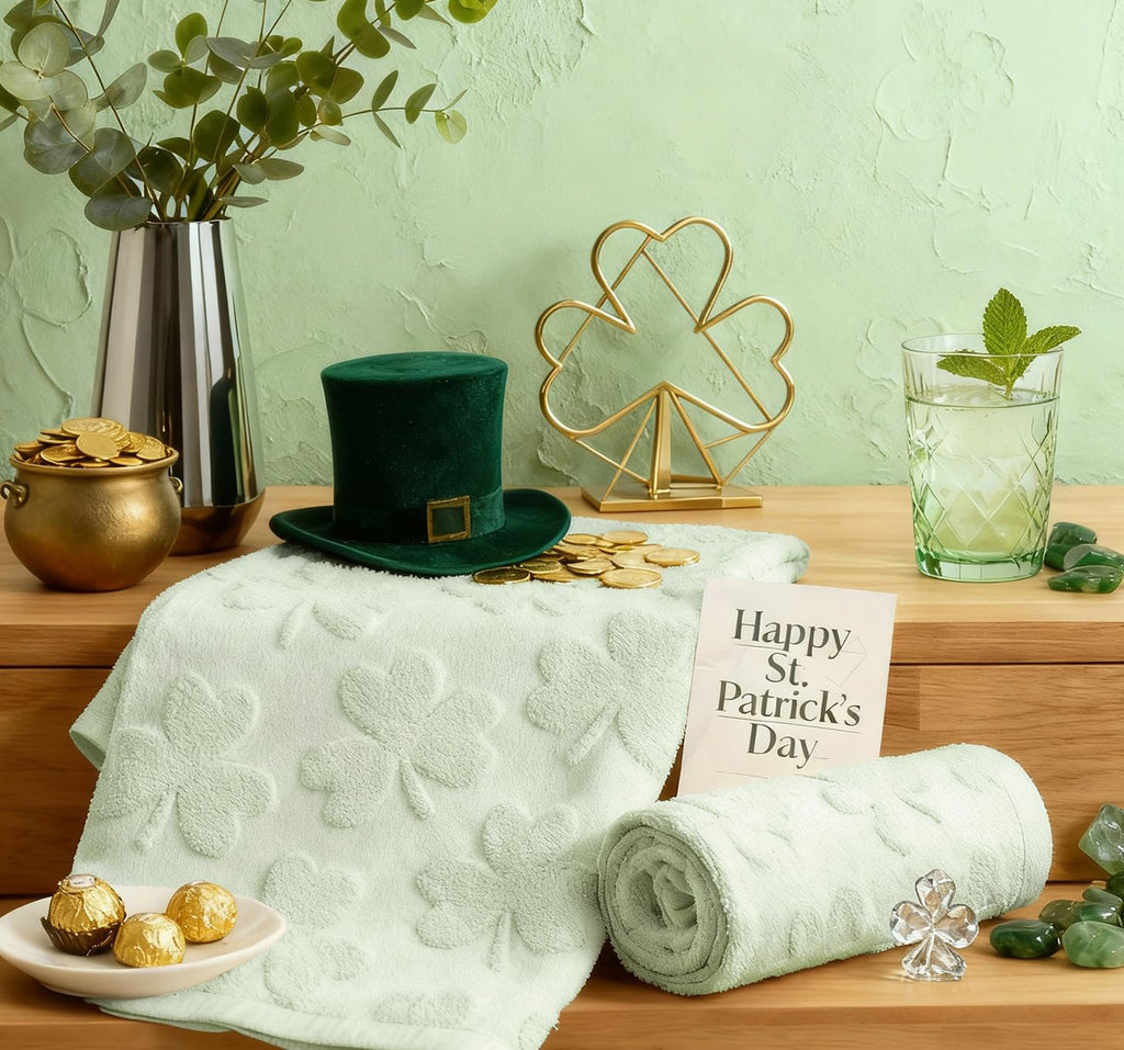 Artoid Mode 2 Pcs Dark Green 3D Shamrock Jacquard Patrick Hand Towels for Bathroom, 100% Cotton Soft Absorbent Bathroom Decor Towels, 13.7 x 29.5 Inch