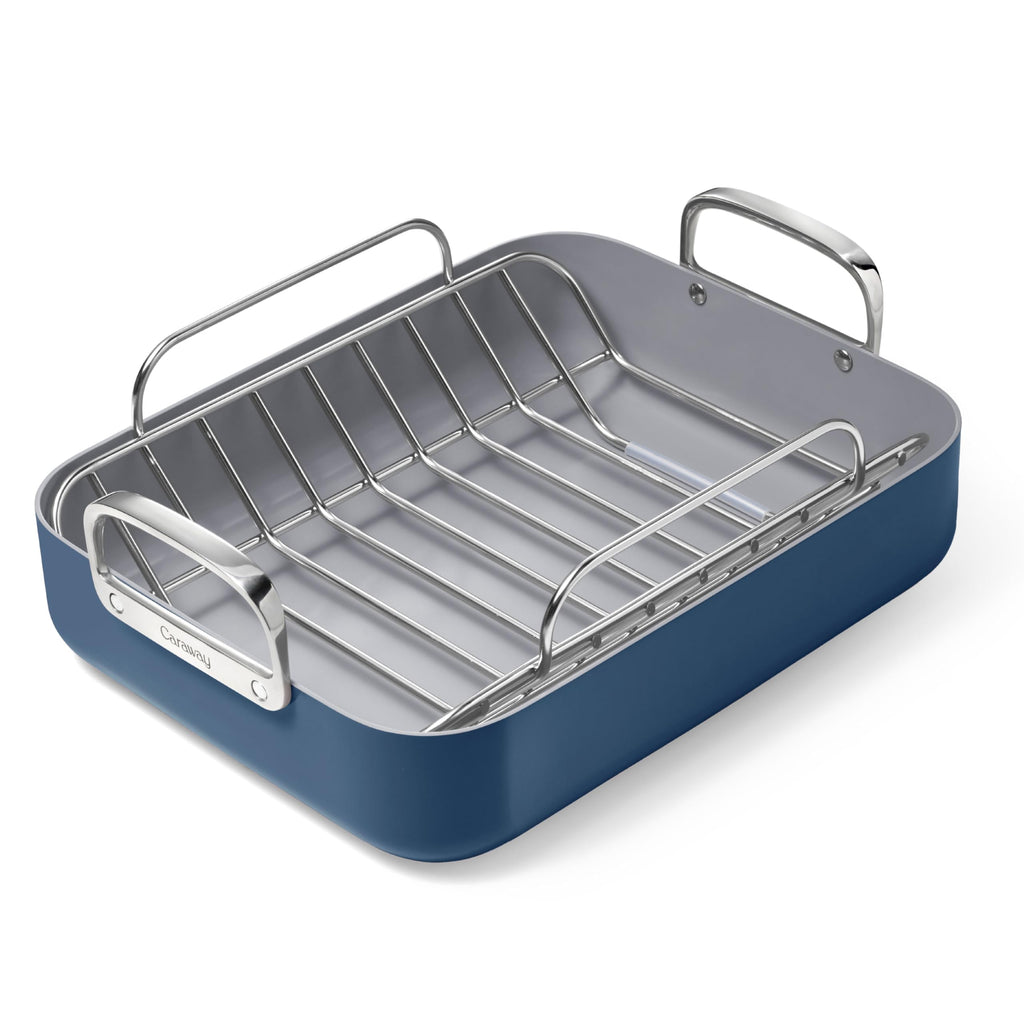 Caraway Roasting Pan - 16x13” Roasting Pan with Rack - Non-Stick Ceramic Coated - Non Toxic, PTFE & PFOA Free - Oven Safe & Compatible with All Stovetops - Cream