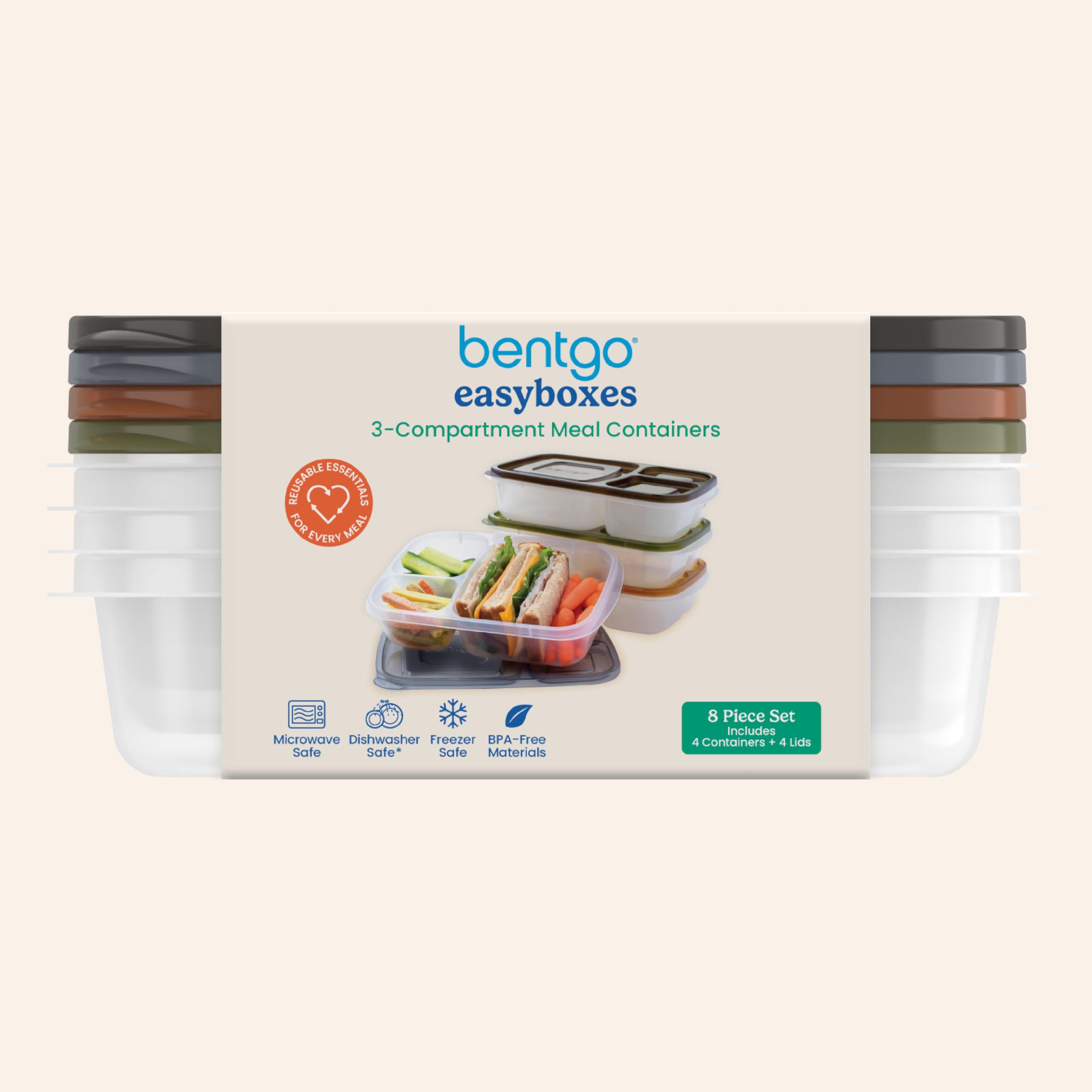 Bentgo Easyboxes - Original Stackable Lunch Boxes - Reusable 3-Compartment Food Containers for Kids and Adults - Bento Lunch Box for Meal Prep, School, & Work - BPA Free, Set of 4 (Classic)