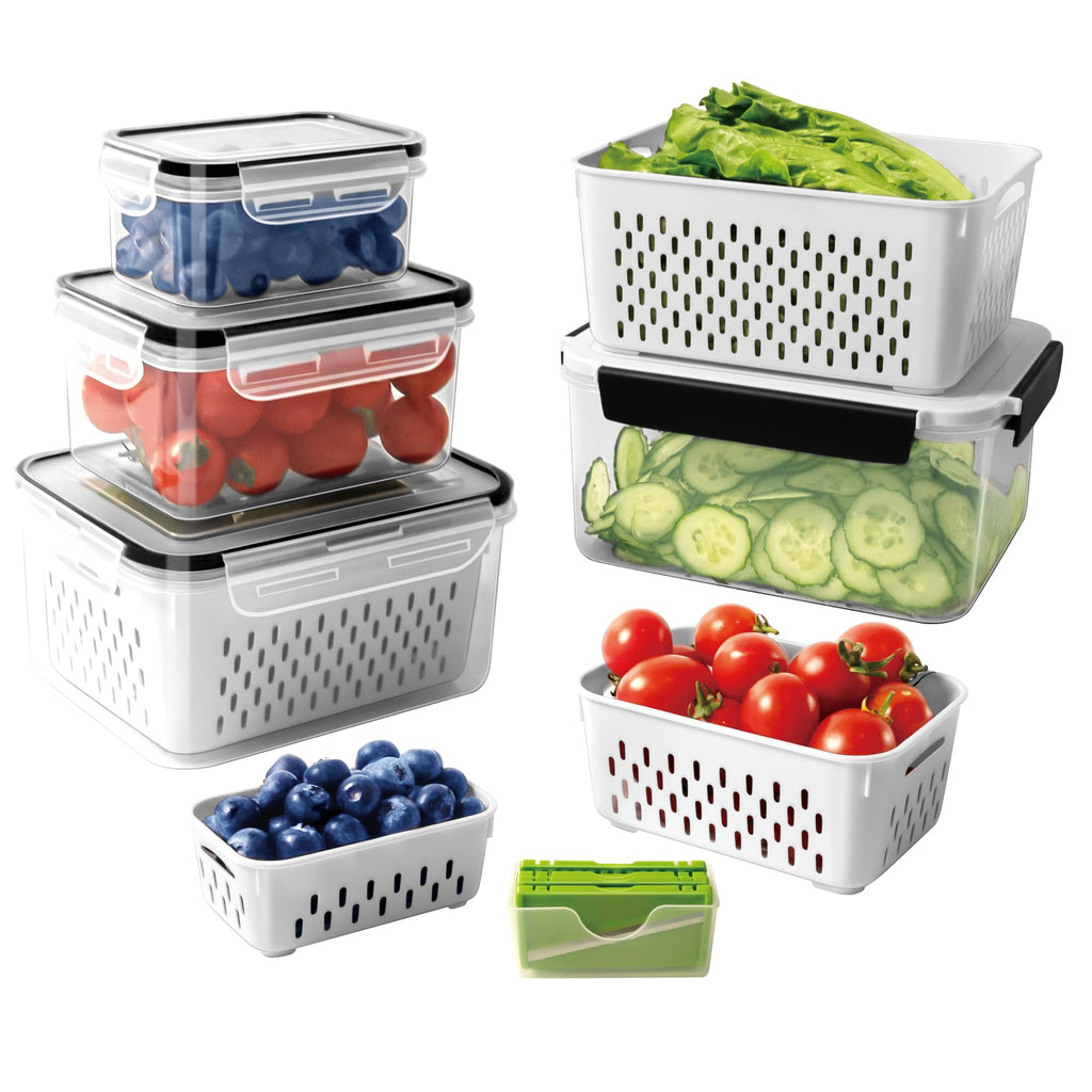 4 PCS Fruit storage Containers for Fridge with Removable Colander and Chopper Set, Leakproof Food Storage Containers with lids, Dishwasher & Microwave Safe Produce Containers to Keep Fruits Fresh ﻿