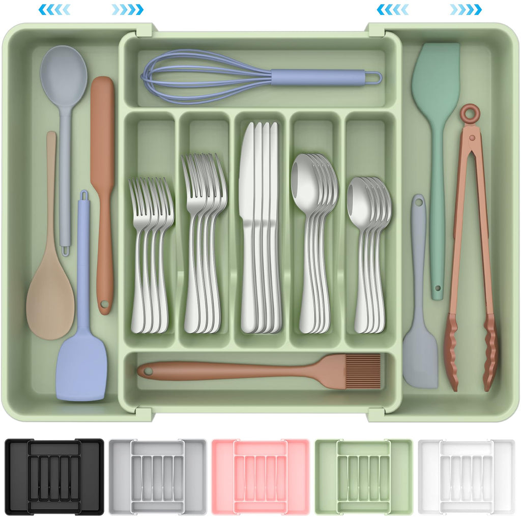 Extra Large Expandable Silverware Organizer, BPA-Free Food-Safe Cutlery Flatware Organizer, Kitchen Utensil Drawer Organizer, Adjustable Silverware Holder for Spoons Forks Knives, Black