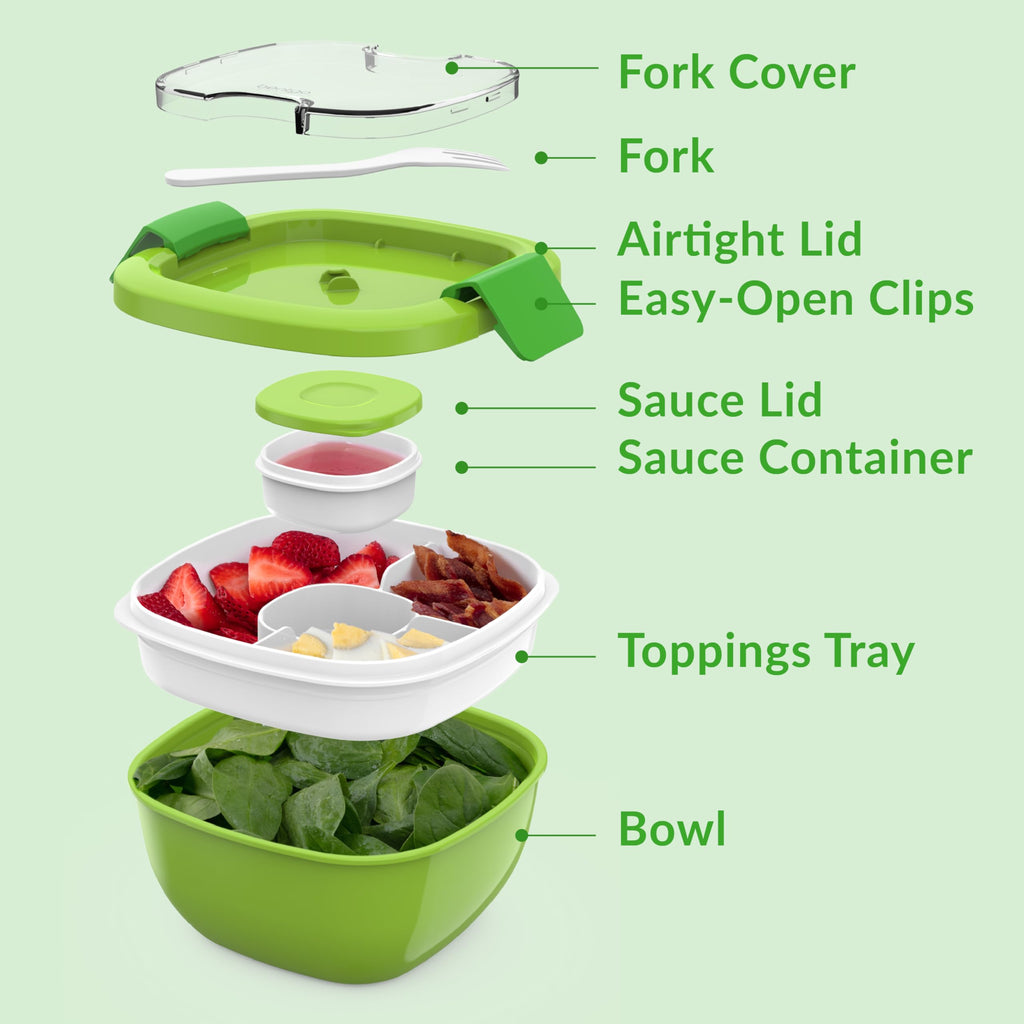 Bentgo Salad Container - 54 oz Bowl with 4-Compartment Toppings Tray, Leak-Proof Dressing Container, Reusable Fork, BPA-Free Lunch Box for Meal Prep & Food Storage; Removable Bento Tray (Khaki Green)