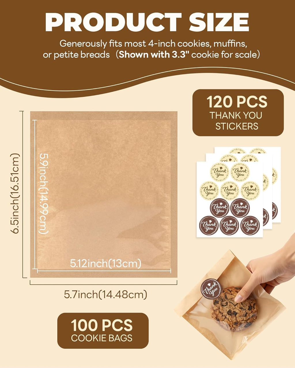 100PCS Cookie Bags with Seal, 5.7x6.5 Inch Individual Cookie Packaging Bags for Gift Giving, Heat Sealable & Grease Proof Bakery Bag with Window, Baked Goods Packaging