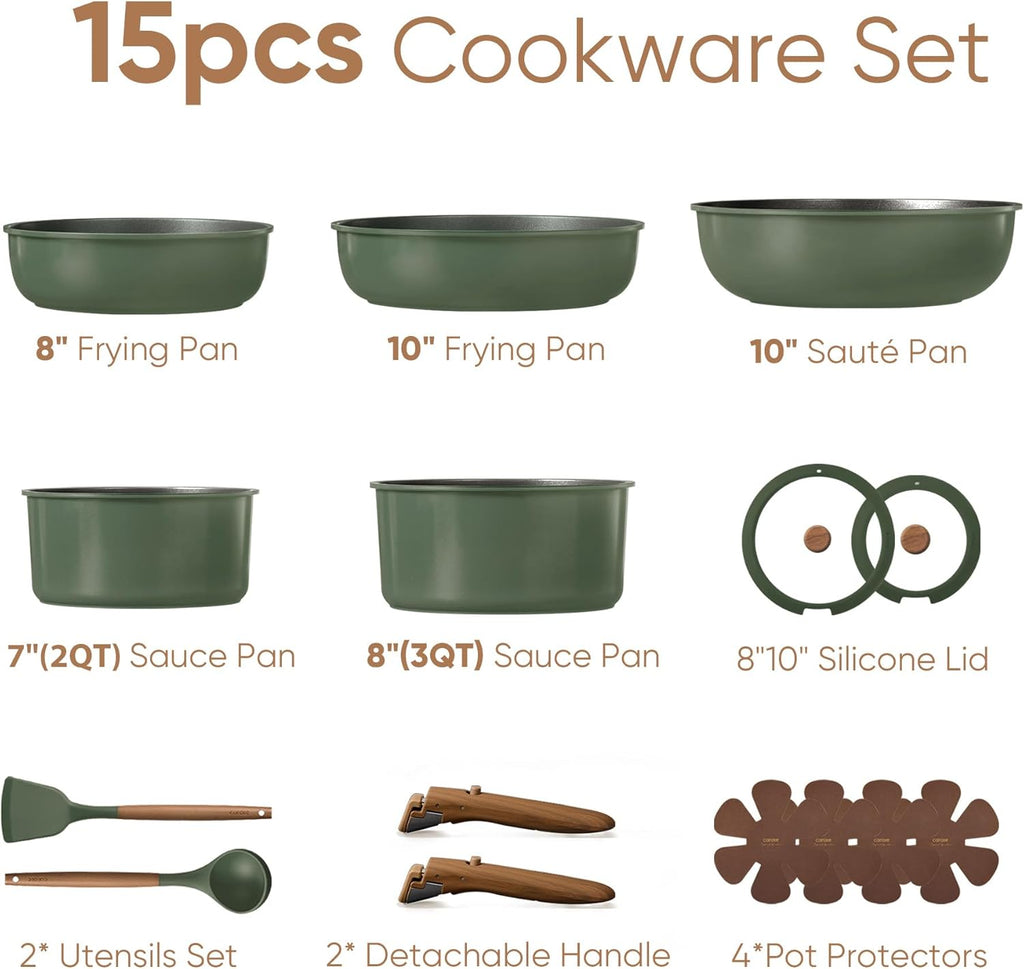 CAROTE 15pcs Pots and Pans Set, Nonstick Cookware Set Detachable Handle, Induction Kitchen Cookware Sets Non Stick with Removable Handle, RV Cookware Set, Oven Safe
