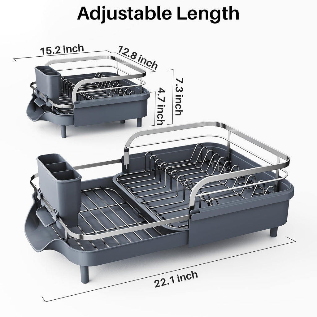 SNTD Dish Drying Rack, Expandable Dish Rack for Kitchen Counter, Stainless Steel Dish Drainer with Drainboard Set and Utensil Holder (Black)