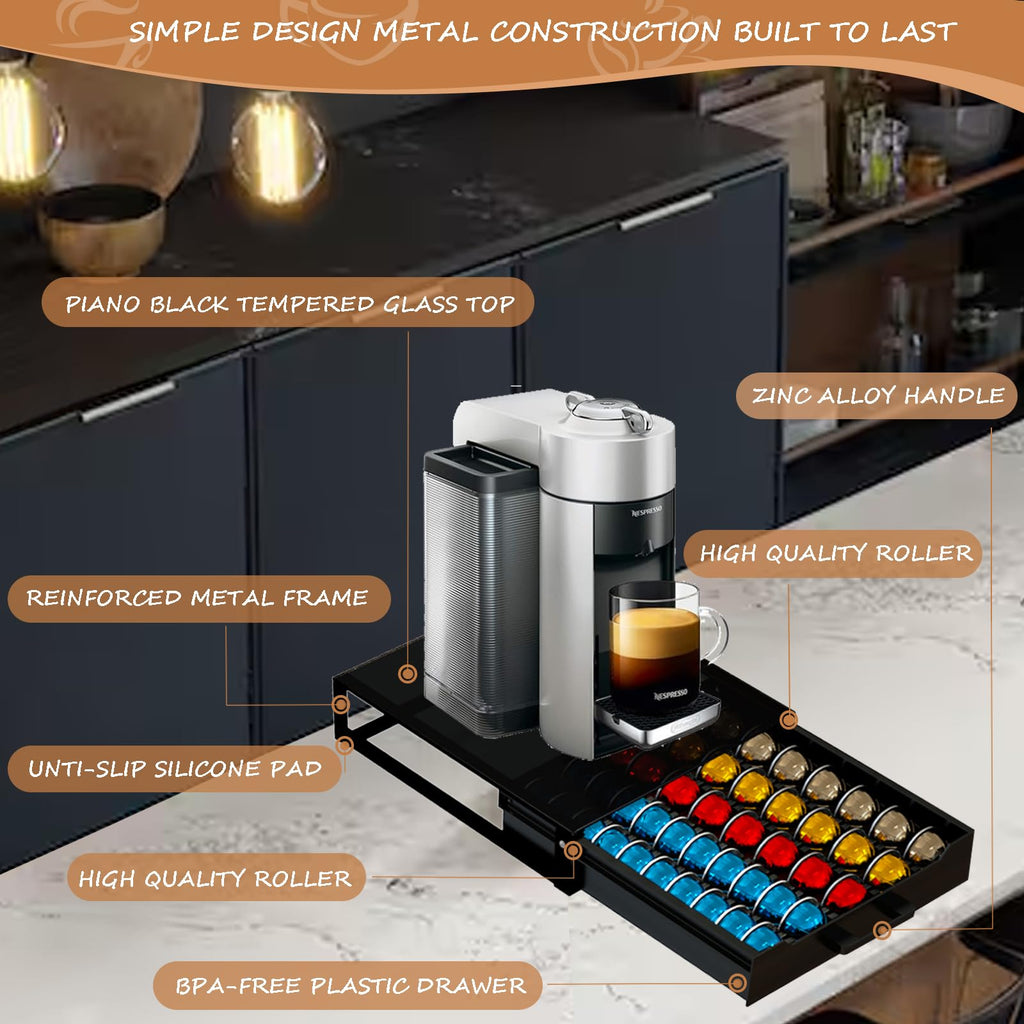 Vertuo Pod Holder Drawer with Deluxe Black Tempered Glass Top, Compatible for Nespresso VertuoLine Pods, Holds up to 75 Small or 50 Big Vertuo Pods Compact Design (Piano Black Nespresso Pods Holder)