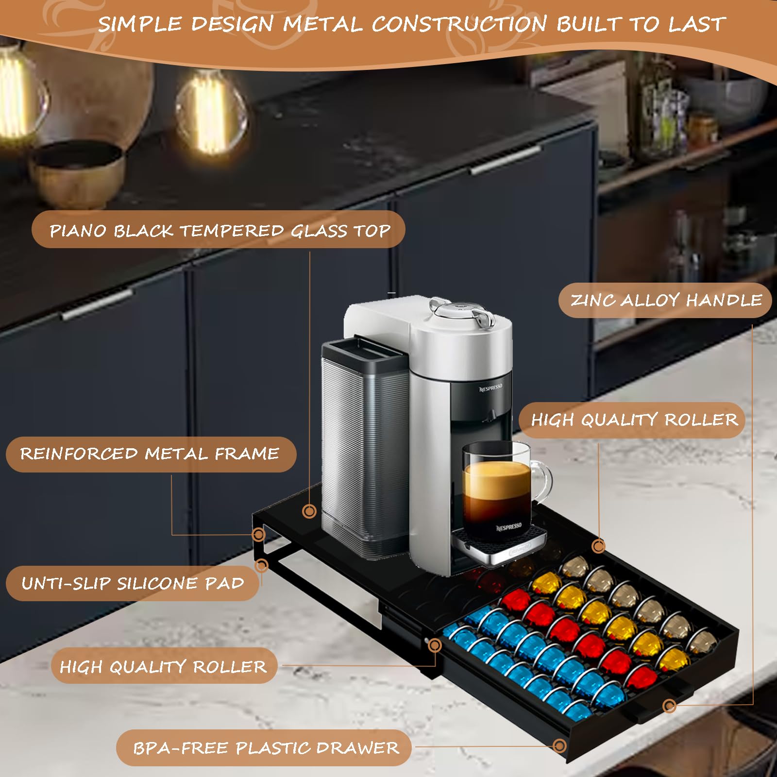 Vertuo Pod Holder Drawer with Deluxe Black Tempered Glass Top, Compatible for Nespresso VertuoLine Pods, Holds up to 75 Small or 50 Big Vertuo Pods Compact Design (Piano Black Nespresso Pods Holder)