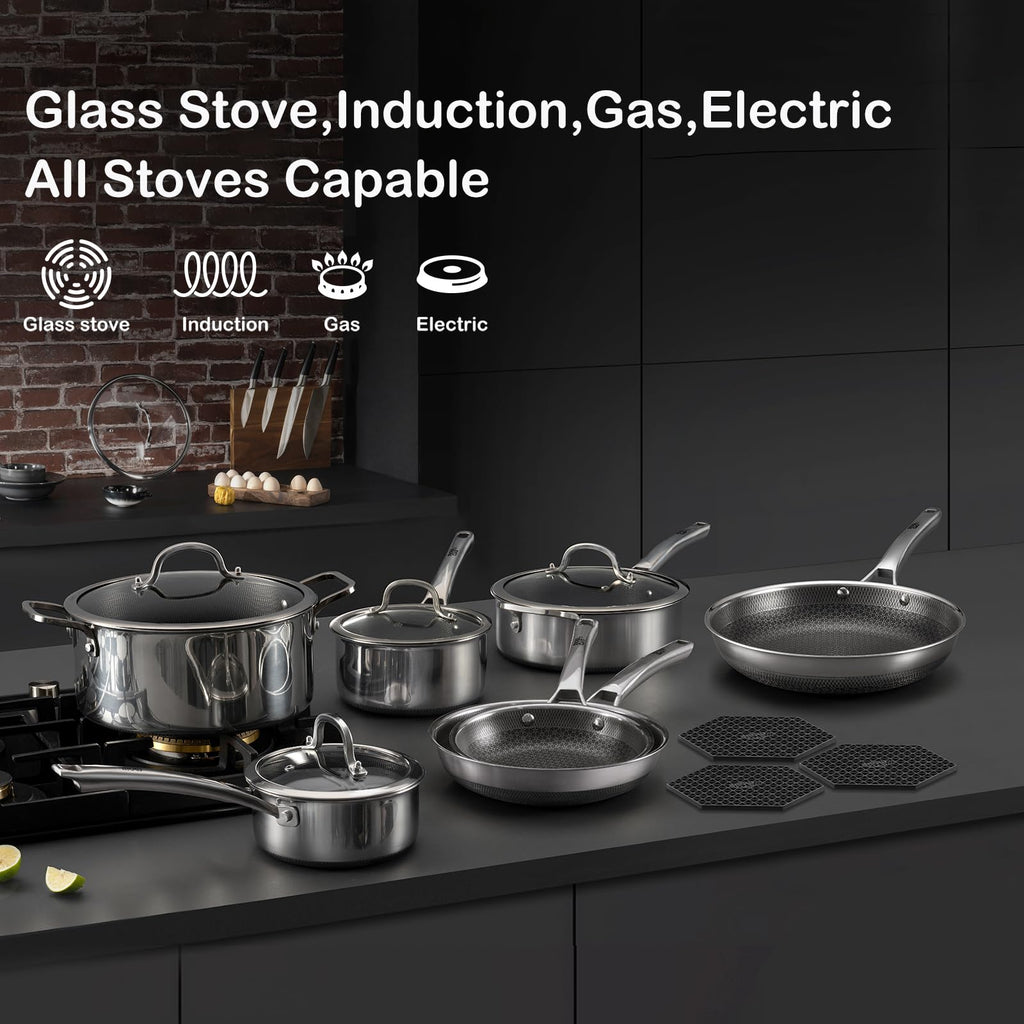 SNOWCLAD Pots and Pans Set Non Stick, 10 Pcs Hybrid Stainless Steel Cookware Sets, Non Stick Frying Pans, Saucepans, Saute Pan & Stock Pot, PFOA Free Kitchen Skillet,Induction Compatible