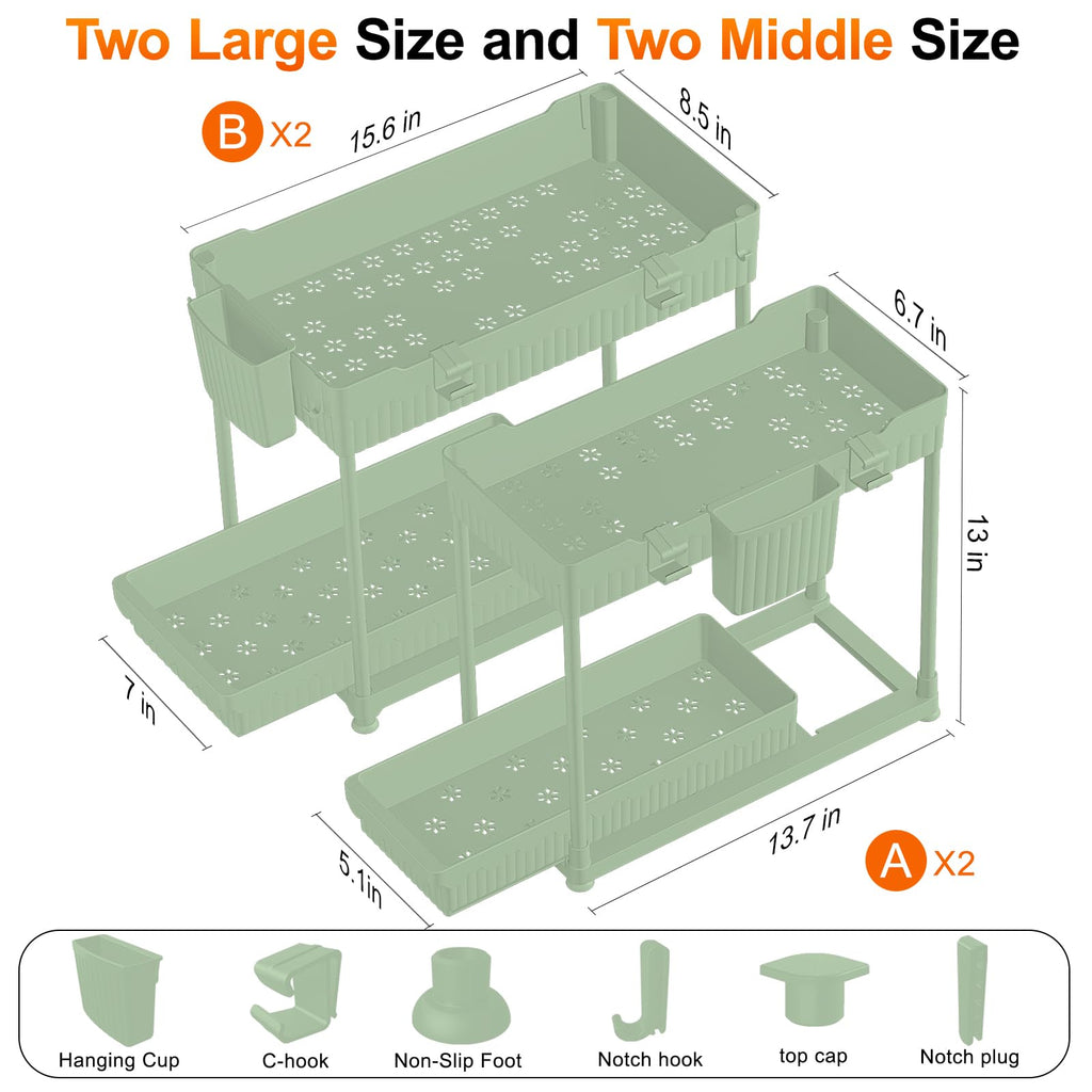 4 Pack Under Sink Organizer, Bathroom Organizers and Storage, 2 Tier Multi-Use Pull Out Cabinet Organizer with Hang Hooks and Cups (Black, 4 Pack)