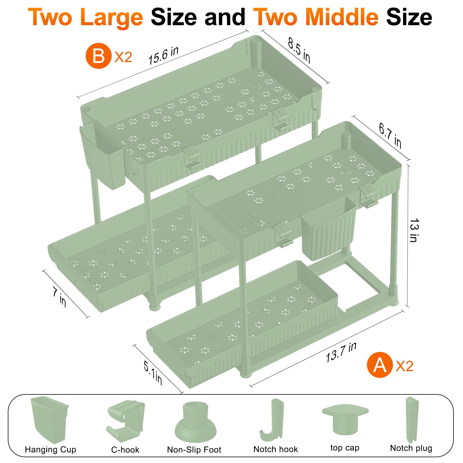 4 Pack Under Sink Organizer, Bathroom Organizers and Storage, 2 Tier Multi-Use Pull Out Cabinet Organizer with Hang Hooks and Cups (Black, 4 Pack)