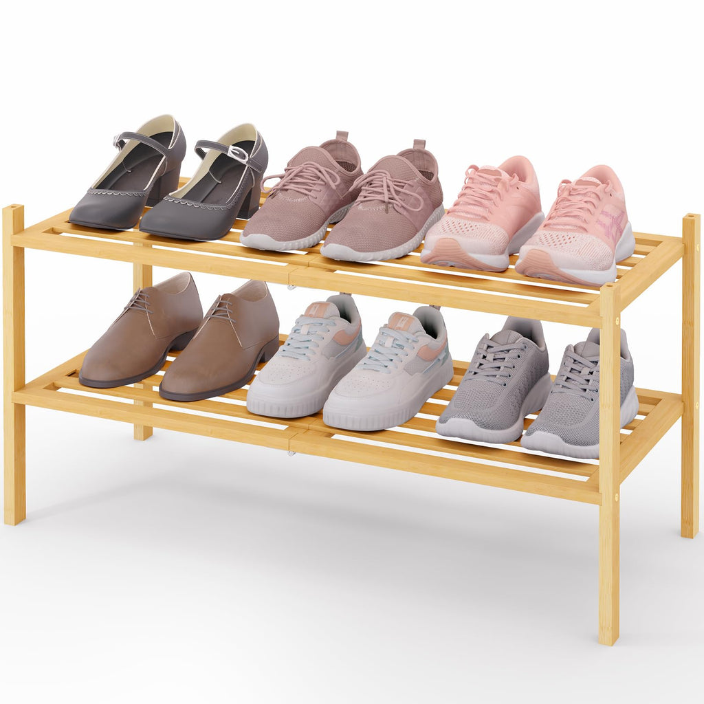 Smiry Bamboo Shoe Rack 3-Tier, Stackable Wooden Shoe Organizer for Entryway & Closet, Free Standing Wood Shoe Storage Shelf for Front Door & Small Spaces, Natural