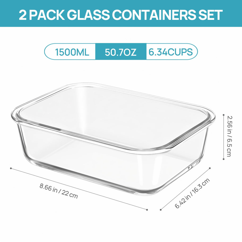 Vtopmart 2Pack 1860ml/63oz Large Glass Storage Containers with Lids, Meal Prep Food Container Set with Snap Airtight Lid for Baking, Microwave, Oven, Leak Proof, for Freezer, Dishwasher, Grey