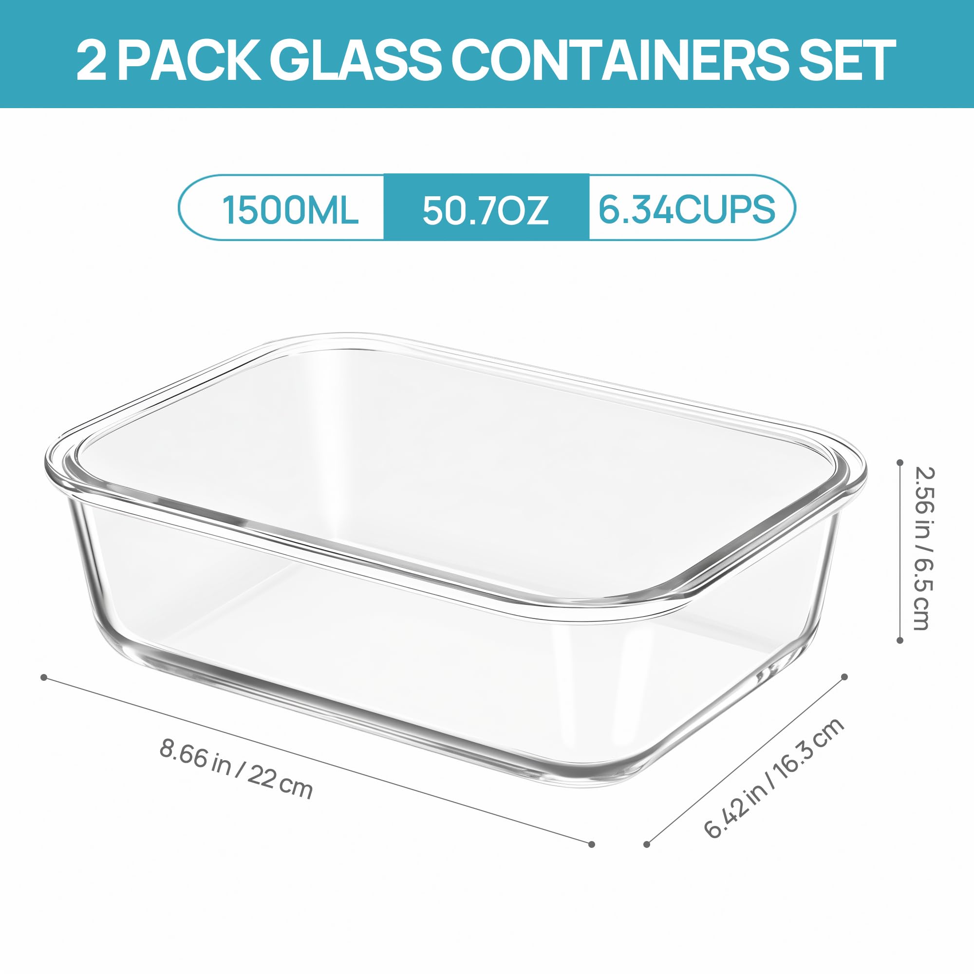 Vtopmart 2Pack 1860ml/63oz Large Glass Storage Containers with Lids, Meal Prep Food Container Set with Snap Airtight Lid for Baking, Microwave, Oven, Leak Proof, for Freezer, Dishwasher, Grey