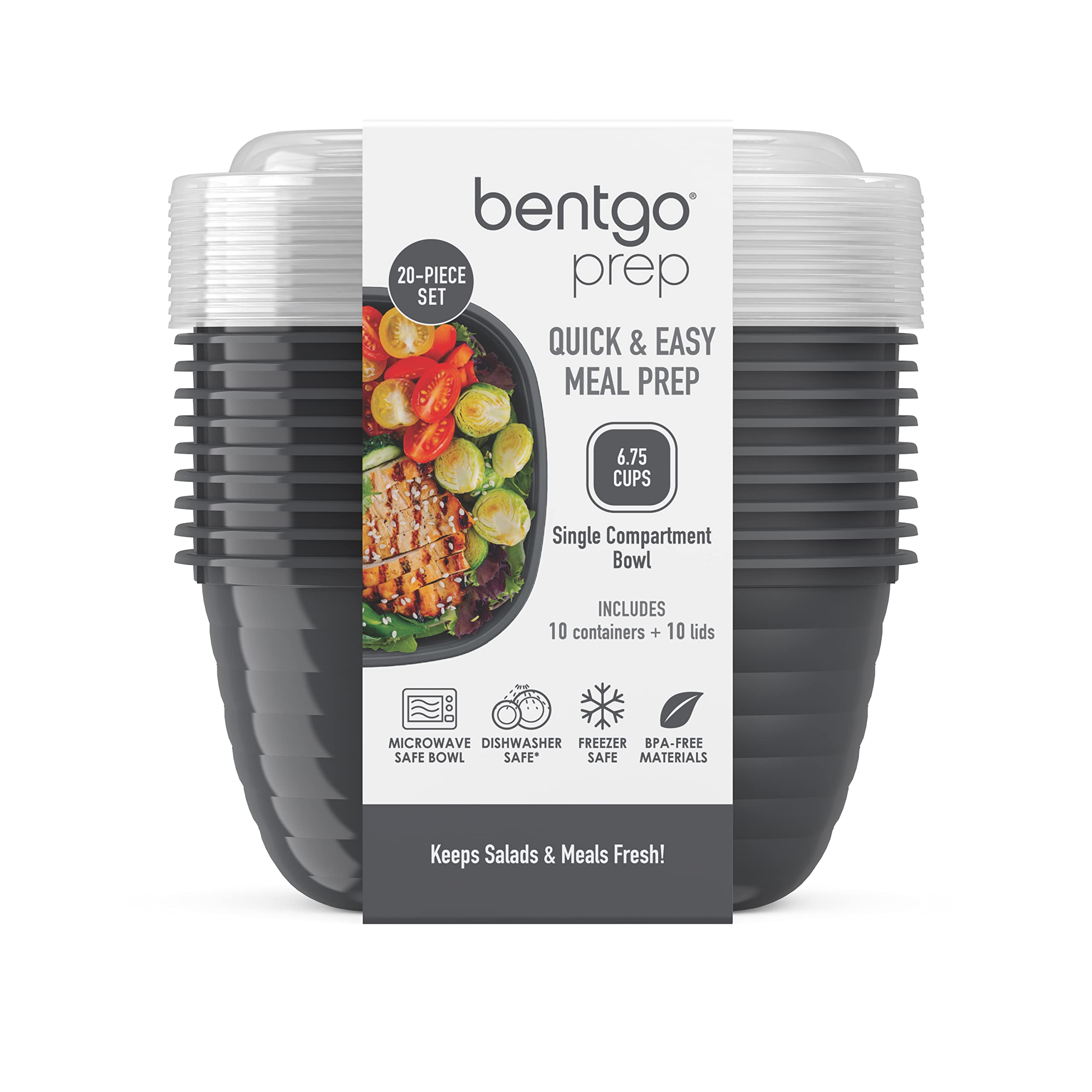 Bentgo Prep - 1-Compartment Bowls with Custom Fit Lids - Reusable, Microwaveable, Durable, PFAS & BPA-Free, Freezer and Dishwasher Safe Meal Prep Food Storage - 10 Bowls & 10 Lids (Graphite)