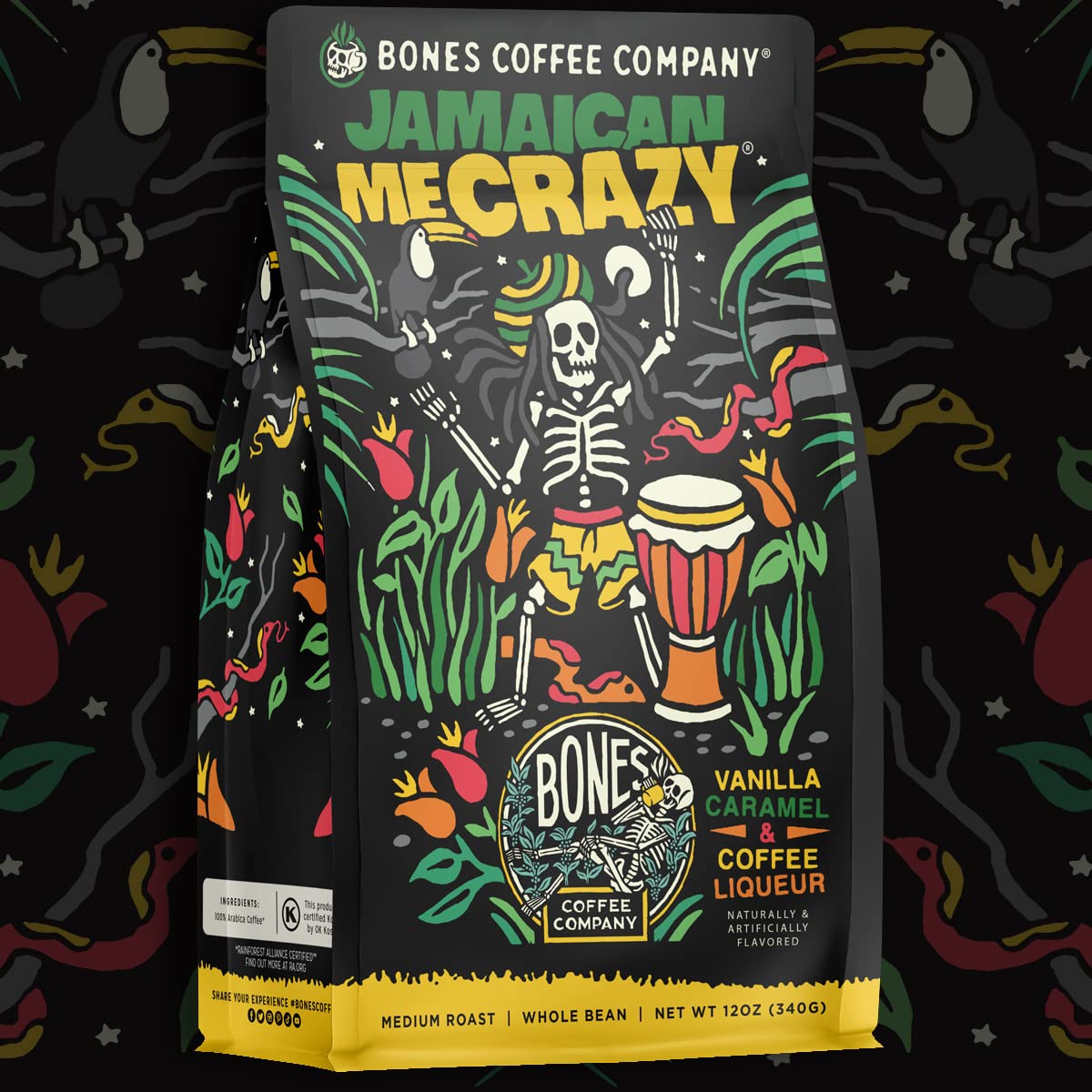 Bones Coffee Company Cinnamon Roll Flavored Coffee, Medium Roast Low Acid Arabica Beans Compatible with Auto drip and French Press Coffee Maker, 12 Oz Whole Bean