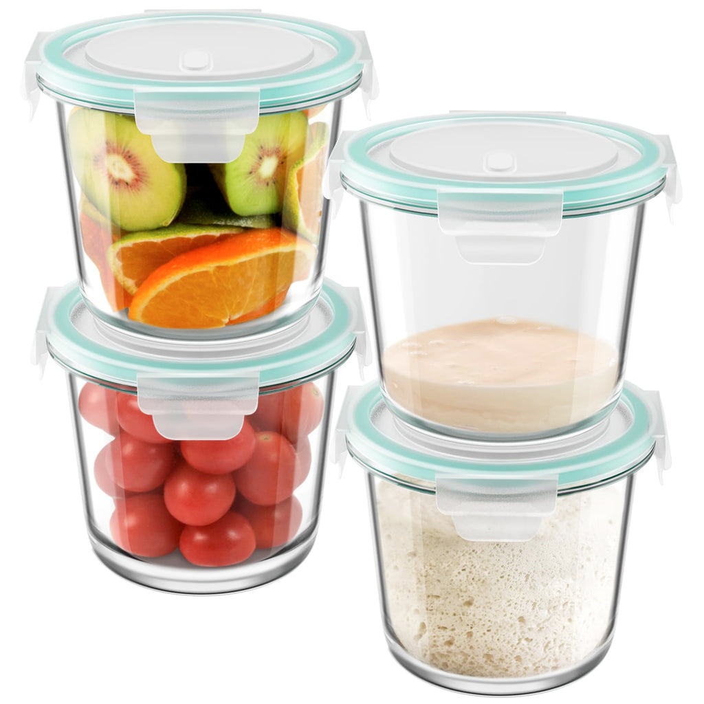 16oz Glass Meal Prep Containers, Airtight 2 Cup Glass Storage Containers with Lids, Heat-Resistant BPA-Free Borosilicate Glass Soup Container for Leftover, Microwave, Dishwasher&Freezer Safe (4 Packs)