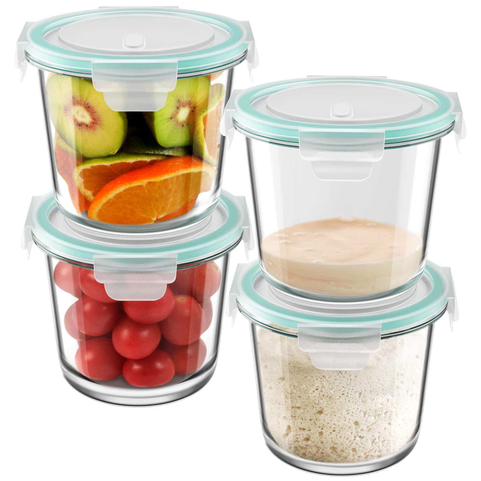 16oz Glass Meal Prep Containers, Airtight 2 Cup Glass Storage Containers with Lids, Heat-Resistant BPA-Free Borosilicate Glass Soup Container for Leftover, Microwave, Dishwasher&Freezer Safe (4 Packs)