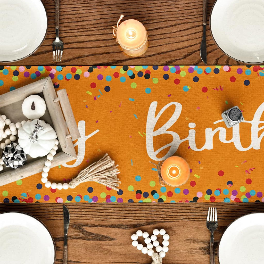 Artoid Mode Polka Dot Beige Happy Birthday Table Runner, Seasonal Kitchen Dining Table Decoration for Home Party Decor 13x72 Inch