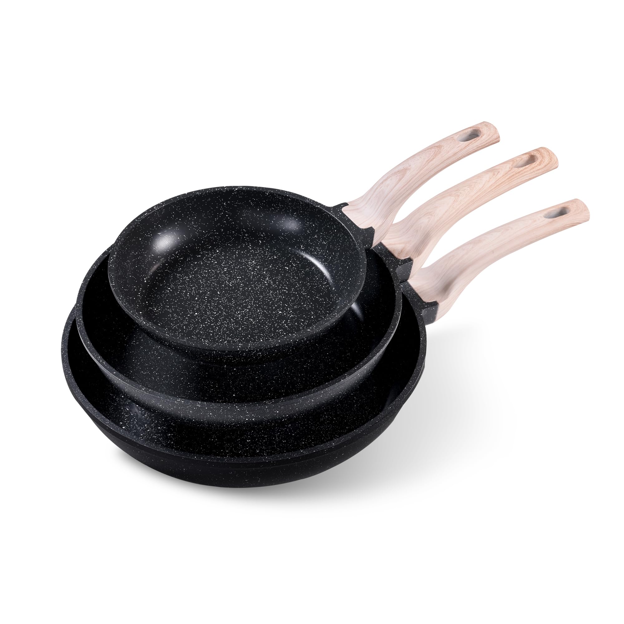 CAROTE Non Stick Frying Pan Skillet Set, Omelet Pan, Healthy Non Toxic Granite Chef Pan, Induction Compatible Egg Frying Pan with Heat-Resistant Handle, PFOA-Free,Black, 8"+10"+12"