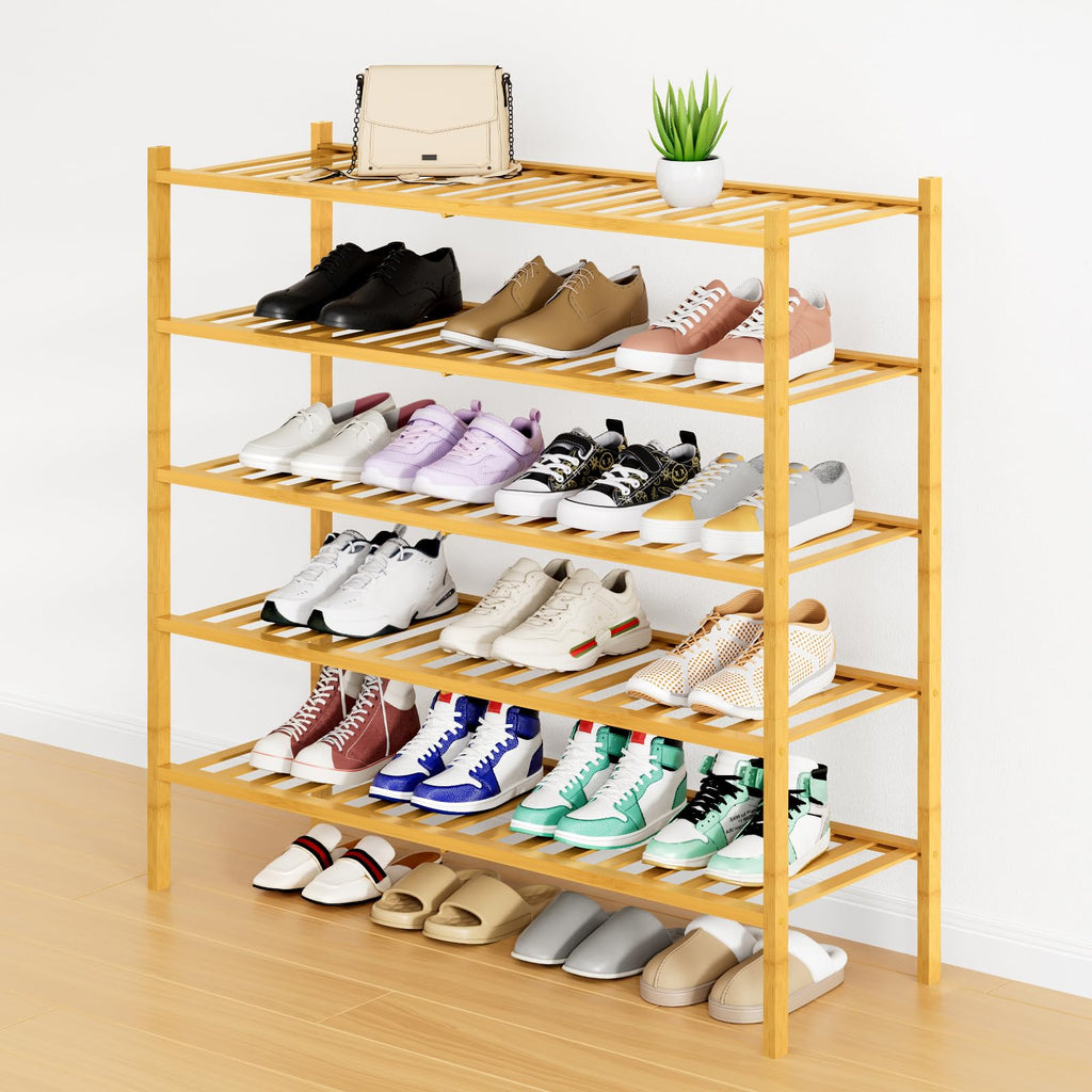 Smiry Shoe Rack, 3 Tier Bamboo Shoe Organizer, Stackable Free Standing Wooden Shoe Storage Shelf for Closet, Entryway, Front Door Entrance, Natural