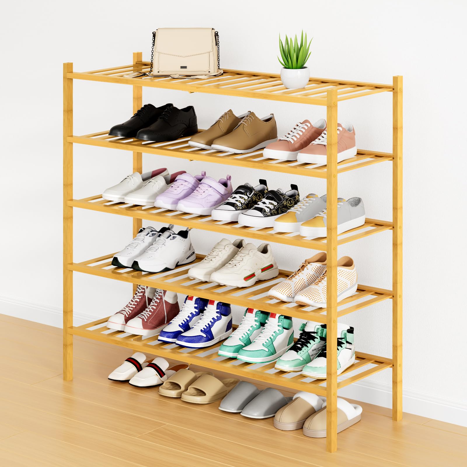 Smiry Shoe Rack, 3 Tier Bamboo Shoe Organizer, Stackable Free Standing Wooden Shoe Storage Shelf for Closet, Entryway, Front Door Entrance, Natural