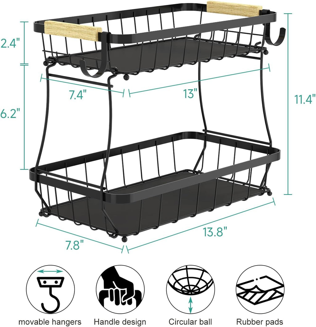 2 Pack Under Sink Organizer and 2 Tier Fruit Basket for Kitchen with 2 Banana Hangers