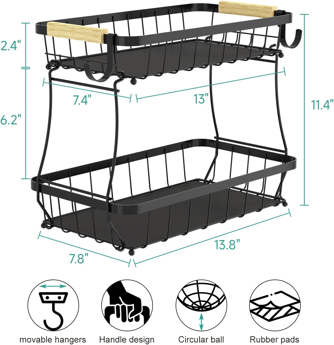 2 Pack Under Sink Organizer and 2 Tier Fruit Basket for Kitchen with 2 Banana Hangers