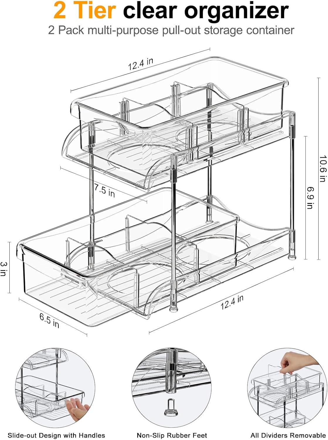 2 Pack Bathroom Cabinet Organizer, 3 Pack Under Sink Organizers and Storage L-Shaped