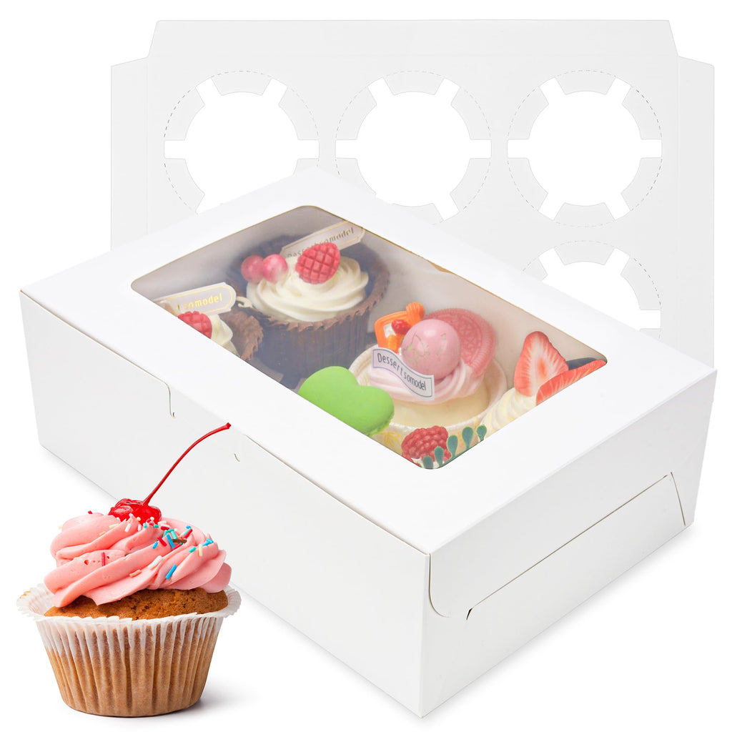 15 Pack Cupcake Boxes with Inserts 6 Holders, White Standard Bakery Boxes with Window Food Grade Cupcake Containers 6 Count for Muffins