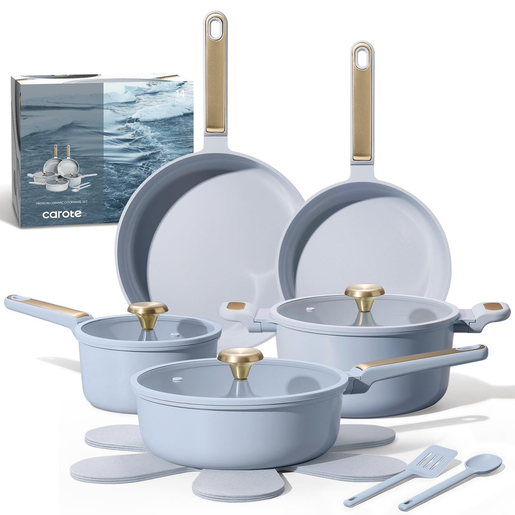 CAROTE Ceramic Cookware Set Nonstick, 14pcs Pots and Pans Set Nonstick, Non-Toxic & PFAS-Free, Dishwasher, RV/Camping Cookware Set, Cooking Pots with Lids, Charcoal Black