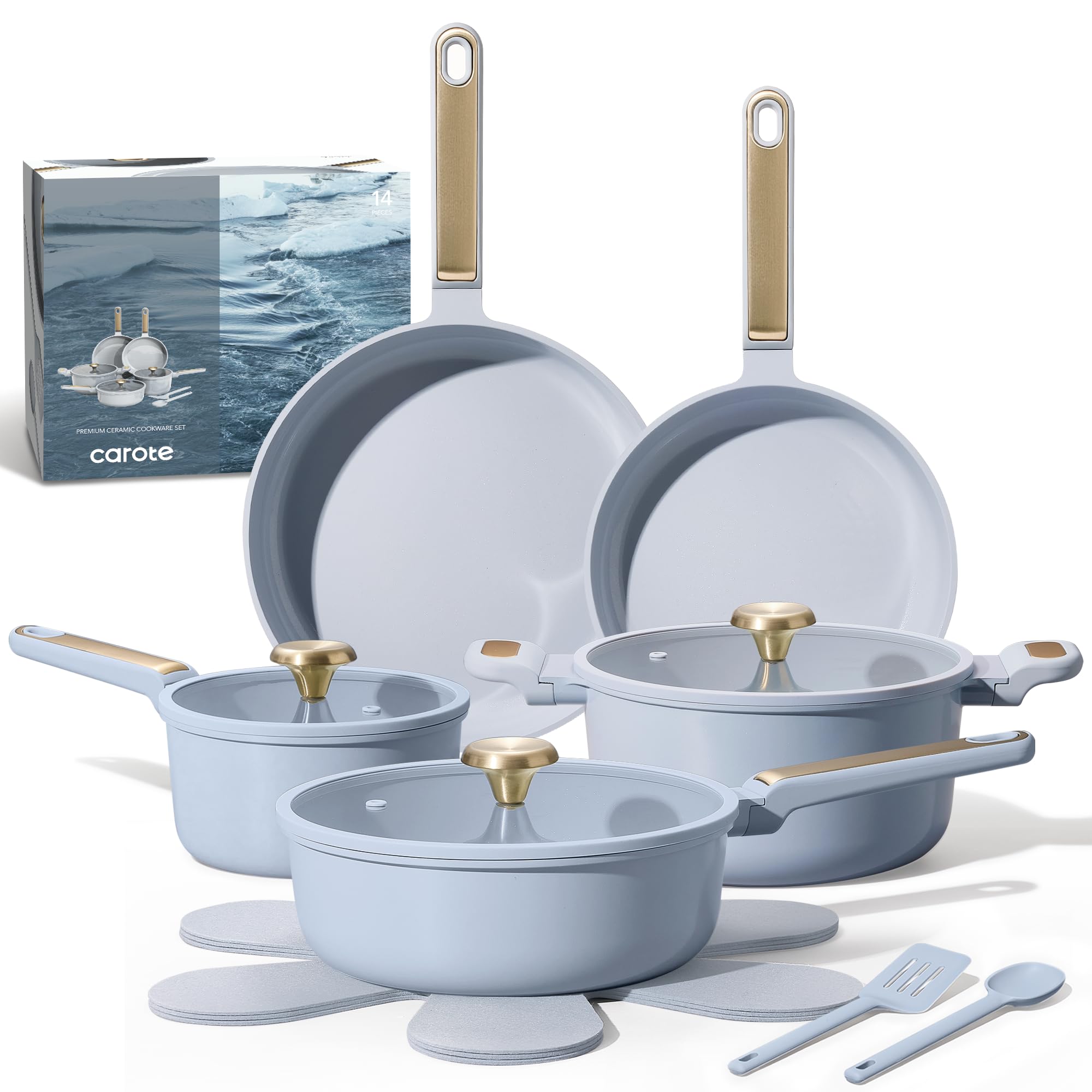 CAROTE Ceramic Cookware Set Nonstick, 14pcs Pots and Pans Set Nonstick, Non-Toxic & PFAS-Free, Dishwasher, RV/Camping Cookware Set, Cooking Pots with Lids, Charcoal Black